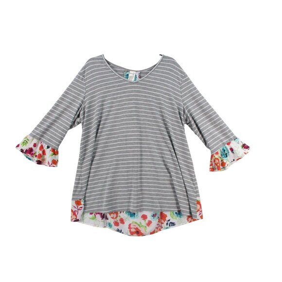 Terra & Sky Striped Gray Womens Top With Floral Trim 3/4 Sleeve 1X (16W-18W) - Picture 1 of 8